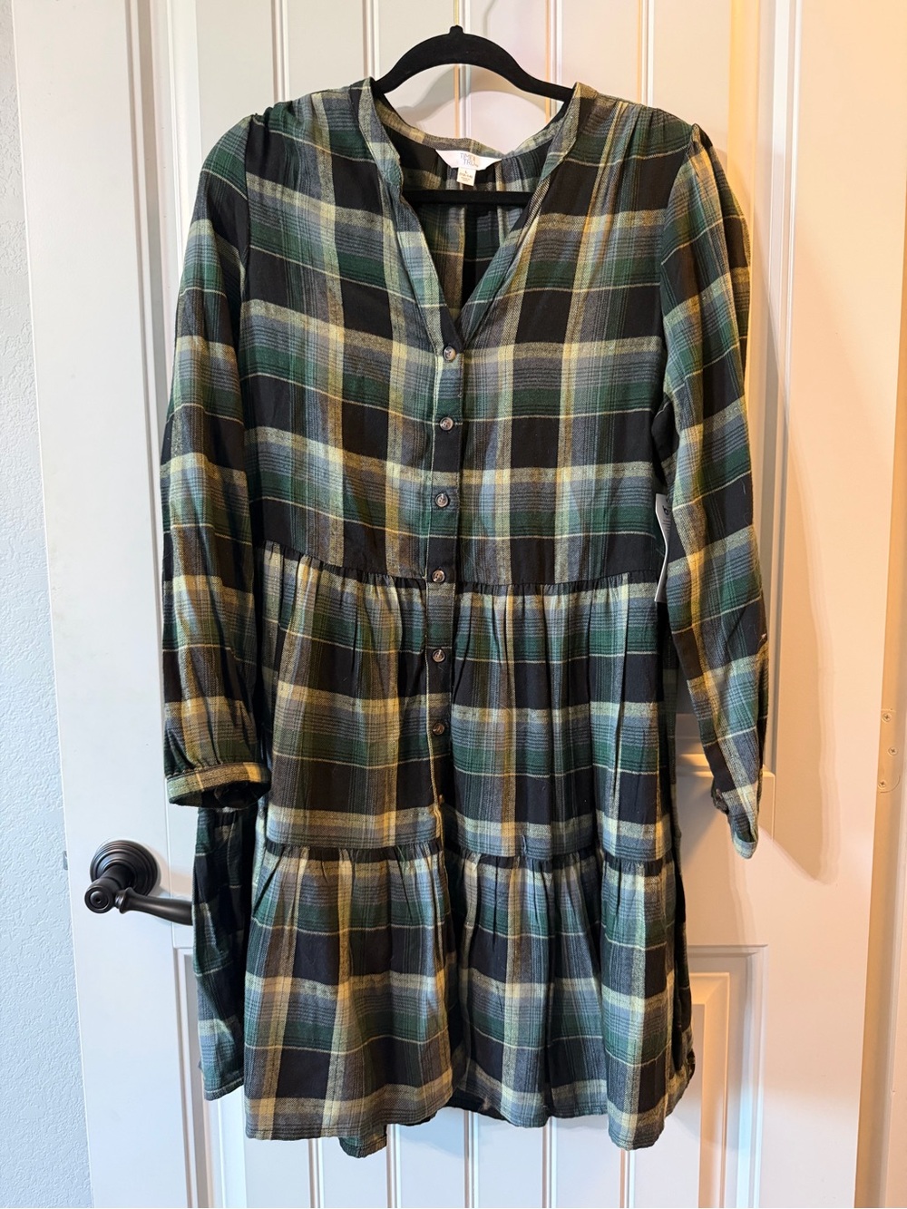 Time and Tru Green, Black and Cream Plaid Tunic
